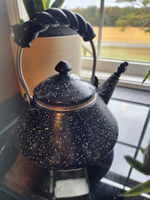 Load image into Gallery viewer, Vintage MCM Black Enamelware Tea Kettle Spatterware White Speckle W/bird Whistle