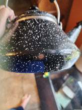 Load image into Gallery viewer, Vintage MCM Black Enamelware Tea Kettle Spatterware White Speckle W/bird Whistle