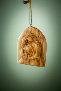Ornament - Olive Wood Hand Carved Arched Ornament with Holy Family (3")