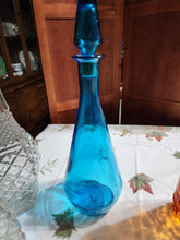 Load image into Gallery viewer, Vintage MCM 1960&#39;s Aqua Blue Glass Decanter Downy Fabric Softener Genie Bottle