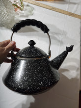 Load image into Gallery viewer, Vintage MCM Black Enamelware Tea Kettle Spatterware White Speckle W/bird Whistle