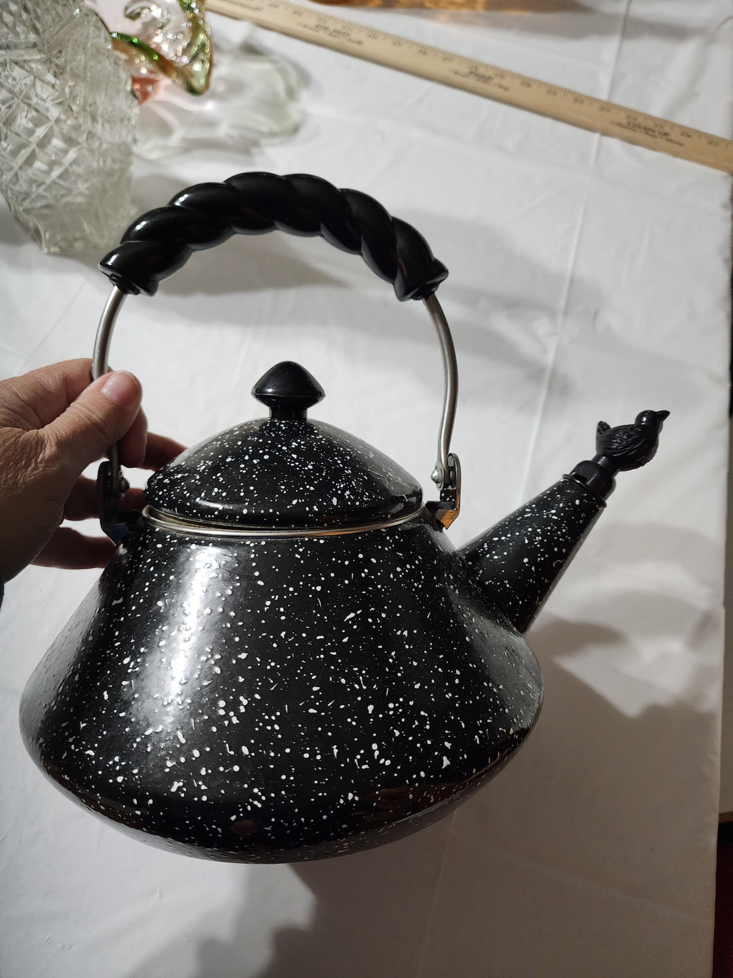 Vintage MCM Black Enamelware Tea Kettle Spatterware White Speckle W/bird Whistle
