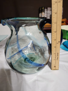 Marbled Cobalt Blue Blown Glass Pitcher, Art Glass