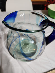 Marbled Cobalt Blue Blown Glass Pitcher, Art Glass