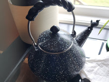 Load image into Gallery viewer, Vintage MCM Black Enamelware Tea Kettle Spatterware White Speckle W/bird Whistle