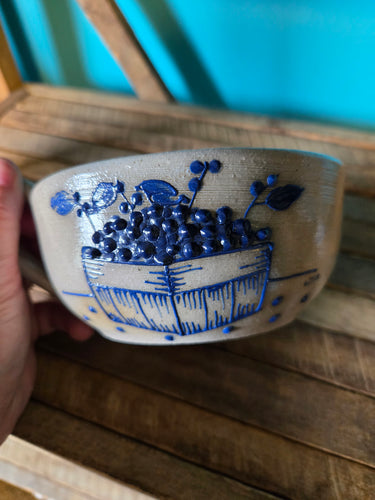 Salmon Falls Pottery Salt Flazed Blueberry Design Soup Bowl, stamped 1994