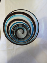 Load image into Gallery viewer, Large Mid Century art Vase, hand blown with bubbles and gold leaf, clear/brown/blue swirl