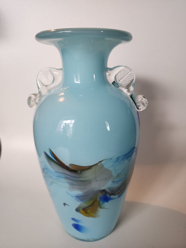 Vintage Dalian Glass Co. Blue 1960's Chinese Art Glass Snowflake Glass Vase