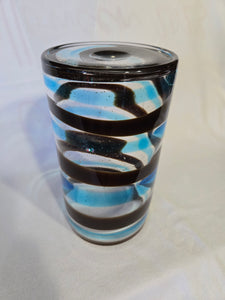 Large Mid Century art Vase, hand blown with bubbles and gold leaf, clear/brown/blue swirl