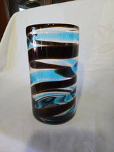 Load image into Gallery viewer, Large Mid Century art Vase, hand blown with bubbles and gold leaf, clear/brown/blue swirl