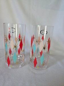 Abbott Collection Home-27 Bowlerama -HB diamond highball drinking glasses , 6.5" high, pink/red/teal, Set of 2. (NEW)