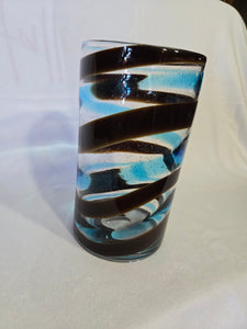 Large Mid Century art Vase, hand blown with bubbles and gold leaf, clear/brown/blue swirl