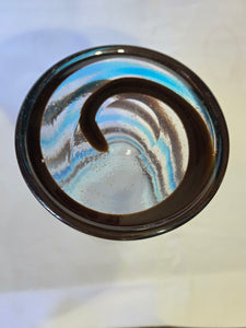 Large Mid Century art Vase, hand blown with bubbles and gold leaf, clear/brown/blue swirl