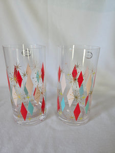 Abbott Collection Home-27 Bowlerama -HB diamond highball drinking glasses , 6.5" high, pink/red/teal, Set of 2. (NEW)