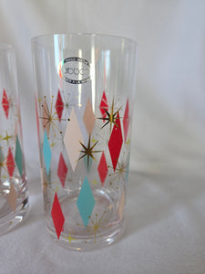 Abbott Collection Home-27 Bowlerama -HB diamond highball drinking glasses , 6.5" high, pink/red/teal, Set of 2. (NEW)