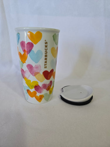 Starbucks ceramic watercolor heart mug with lid, 10oz, retired 2015 design