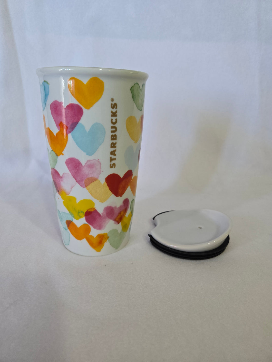 Starbucks ceramic watercolor heart mug with lid, 10oz, retired 2015 design