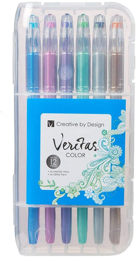 Veritas Gel Pen Set - 12 Pack Assorted Colors (6 Metallic & 6 Glitter)