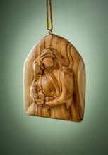 Load image into Gallery viewer, Ornament - Olive Wood Hand Carved Arched Ornament with Holy Family (3&quot;)