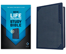 Load image into Gallery viewer, NLT Boys Life Application Study Bible: The Bible for Boys 11 &amp; up (LeatherLike Blue Neon Glow)