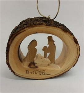 Ornament - Olive Wood - Holy Family Round Bark (3")