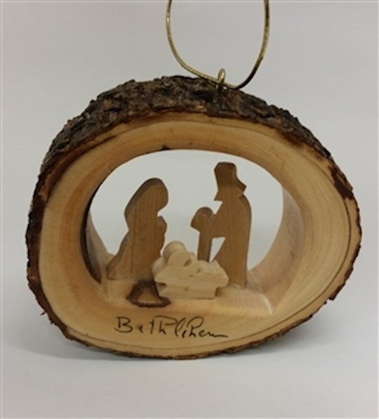 Ornament - Olive Wood - Holy Family Round Bark (3