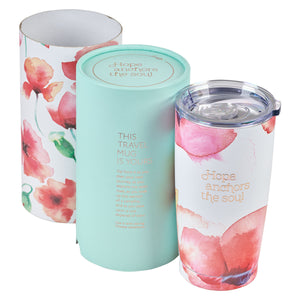 Travel Mug - Hope Anchors the Soul - Coral Poppies (Stainless Steel)