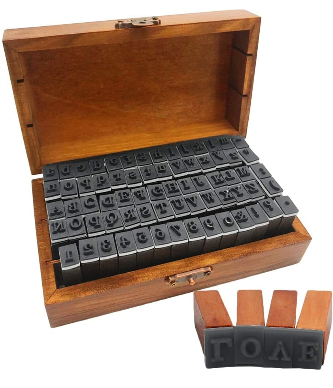 Stamps - 70 Pcs Wood Alphabet Stamps Set, Wooden Rubber Number Letter and Symbol Stamps with Wooden Storage Box