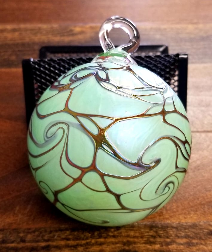 Blown Glass Ornament - Green Metallic Swirl (artful home)